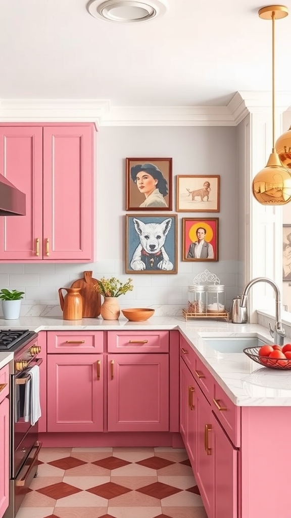 A bright kitchen featuring pink cabinetry, with decorative art on the walls.