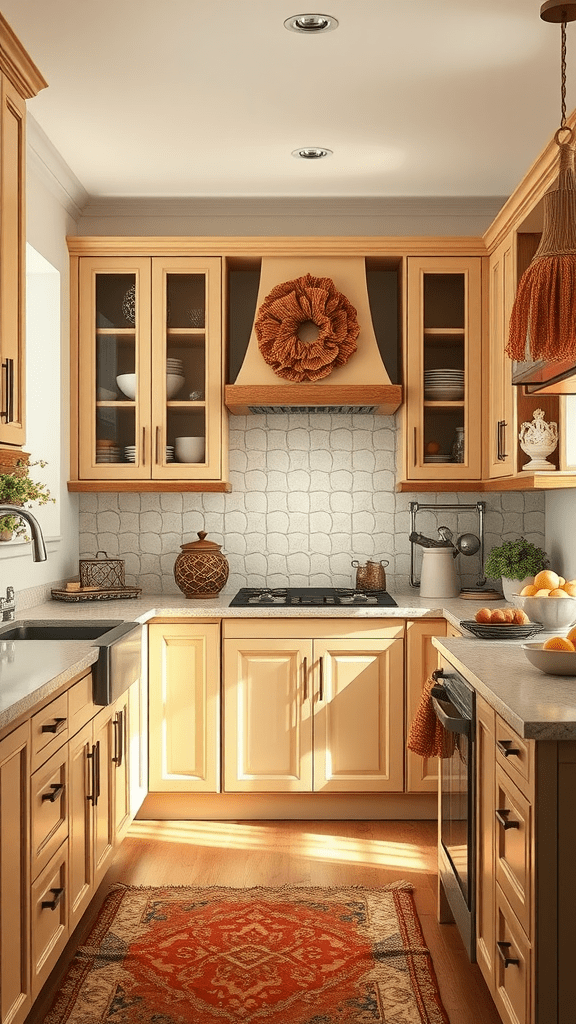 A cozy kitchen featuring beige cabinets, earthy accents, and warm lighting.