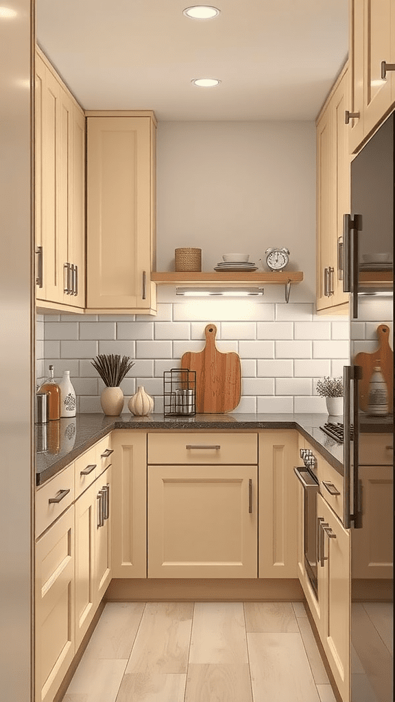 Interior view of a small kitchen featuring beige cabinets and modern appliances.