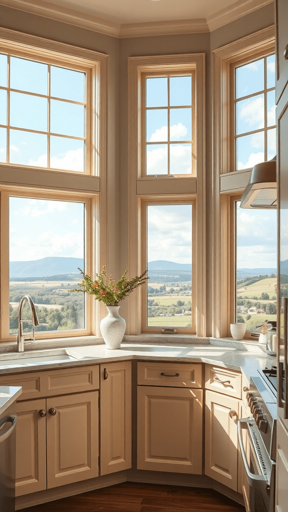 A kitchen with beige cabinets and large windows showing a stunning landscape.