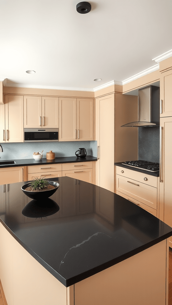 A kitchen featuring beige cabinets and dark countertops.