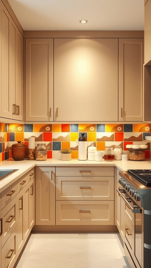 A kitchen featuring beige cabinets and a colorful, bold backsplash.