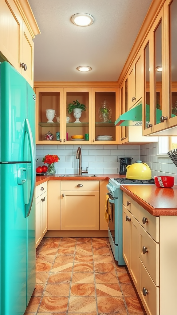 Interior view of a kitchen featuring beige cabinets and colorful appliances.