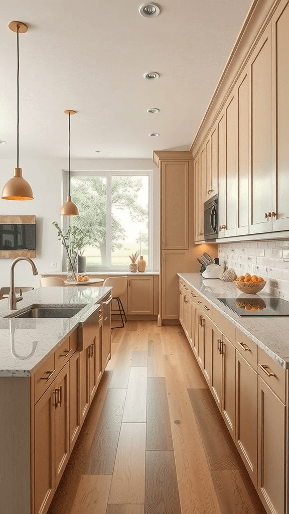 A modern kitchen featuring beige cabinets, a large sink, and a bright open space.