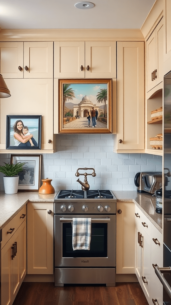 A cozy kitchen with beige cabinets, personalized decor, and a vintage painting.