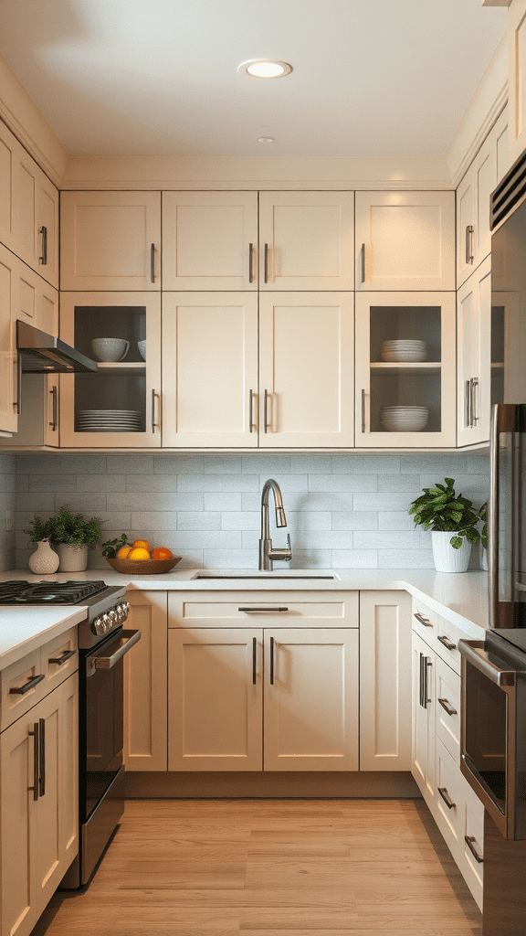 A modern kitchen featuring beige two-tone cabinets, a sleek countertop, and stylish decor.