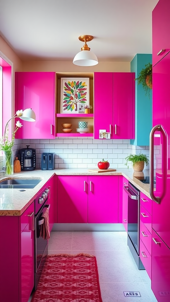 A vibrant kitchen with bold fuchsia cabinets and colorful decor.