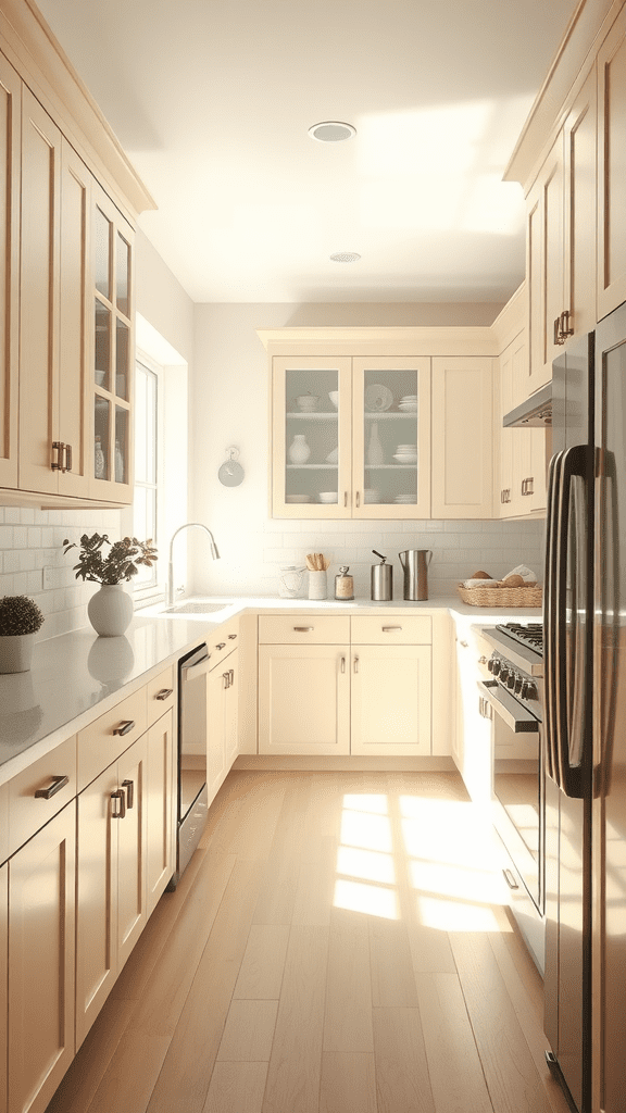 A bright kitchen featuring soft beige cabinets, a modern design, and natural light.