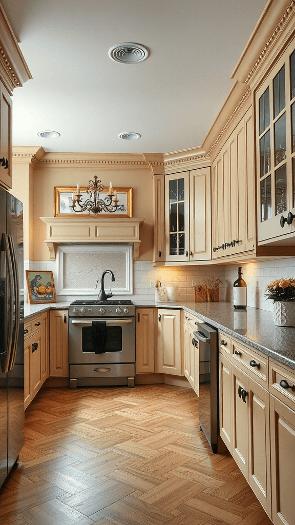 A kitchen featuring classic beige cabinets with crown molding, a stove, and a wooden floor