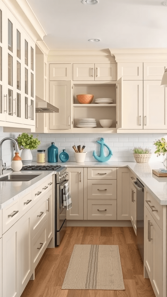 A bright kitchen with beige cabinets, a stylish sink, and colorful accessories.