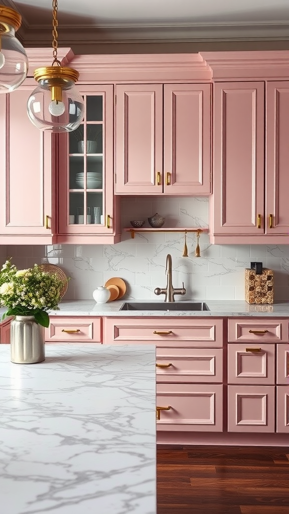 A modern kitchen with pink cabinets and marble countertops.