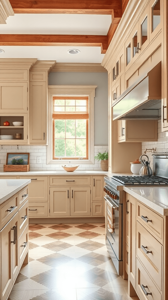 A stylish Craftsman kitchen featuring beige cabinets and wooden beams.