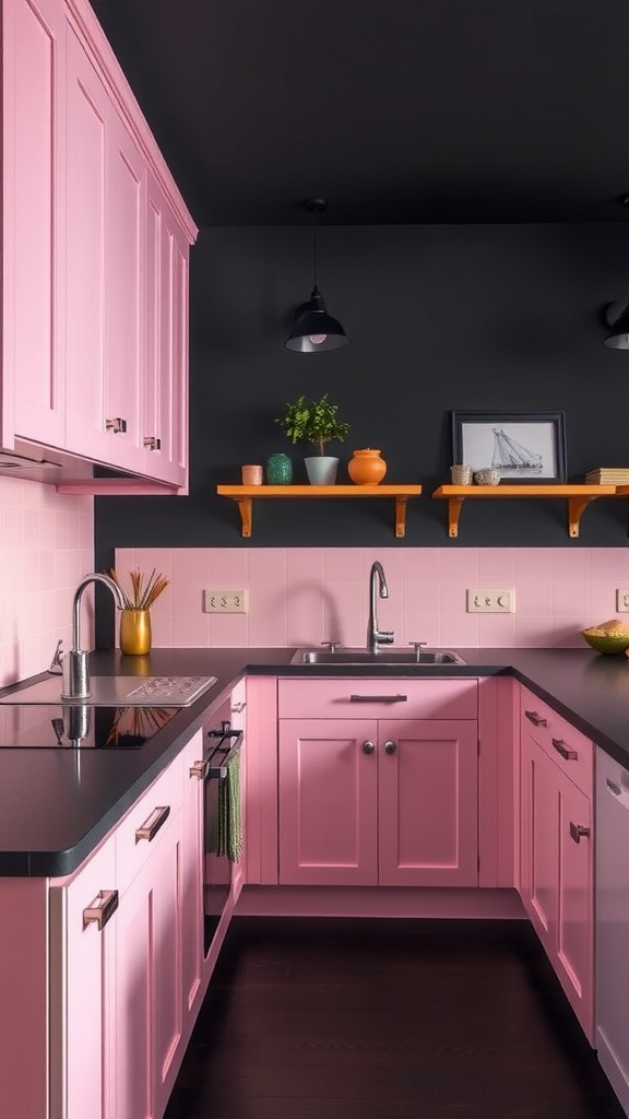 A modern kitchen featuring pink cabinets against dark walls.