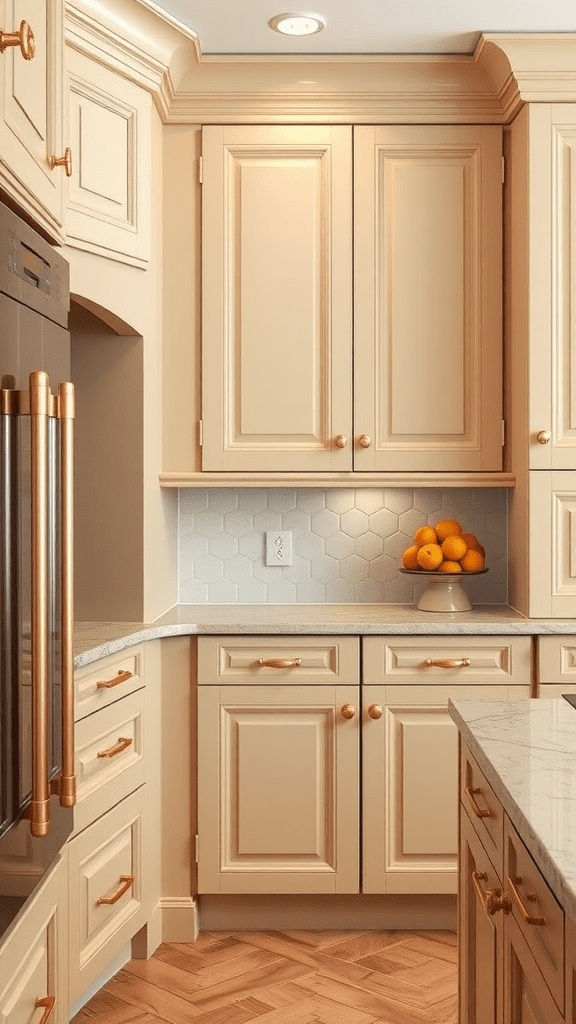 A kitchen featuring elegant beige cabinets with gold hardware, showcasing a modern and stylish design.