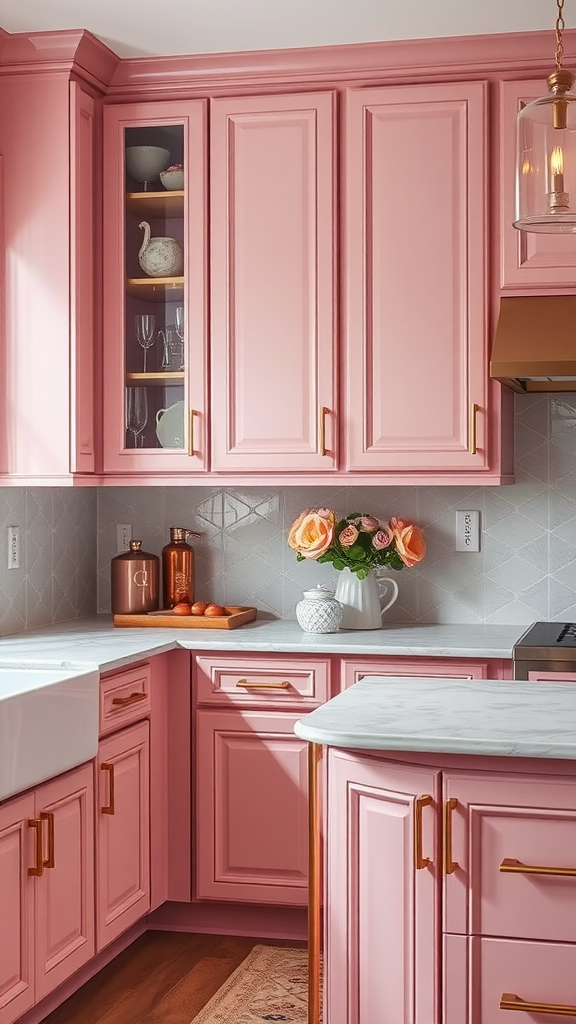 Kitchen with pink cabinets and rose gold hardware