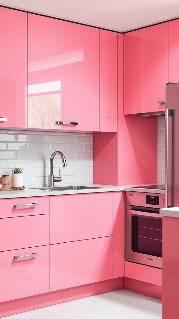 A modern kitchen featuring glossy pink cabinets and sleek appliances.