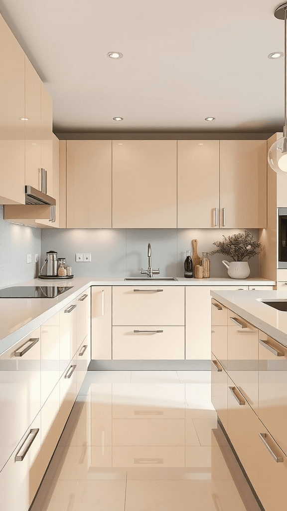 Modern kitchen with high-gloss beige cabinets and a sleek design