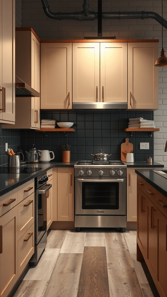 A modern kitchen featuring beige cabinets, black countertops, and industrial-style elements.