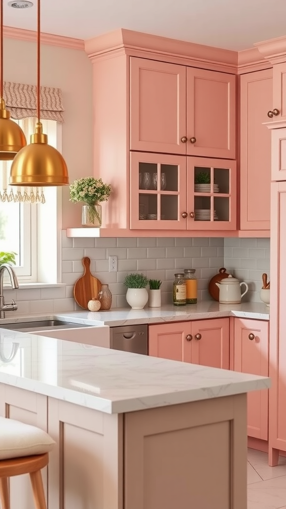 A cozy kitchen featuring pink cabinets, beige countertops, and warm lighting.