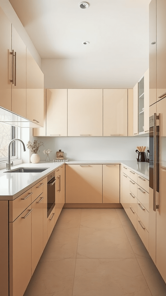 Modern kitchen with minimalist beige cabinets and a clean design.