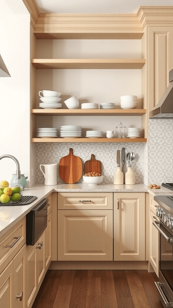 A kitchen featuring open shelving and beige cabinets, displaying plates and bowls.