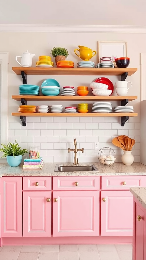 A kitchen with open shelving displaying colorful dishes and a pink cabinet under the countertop.