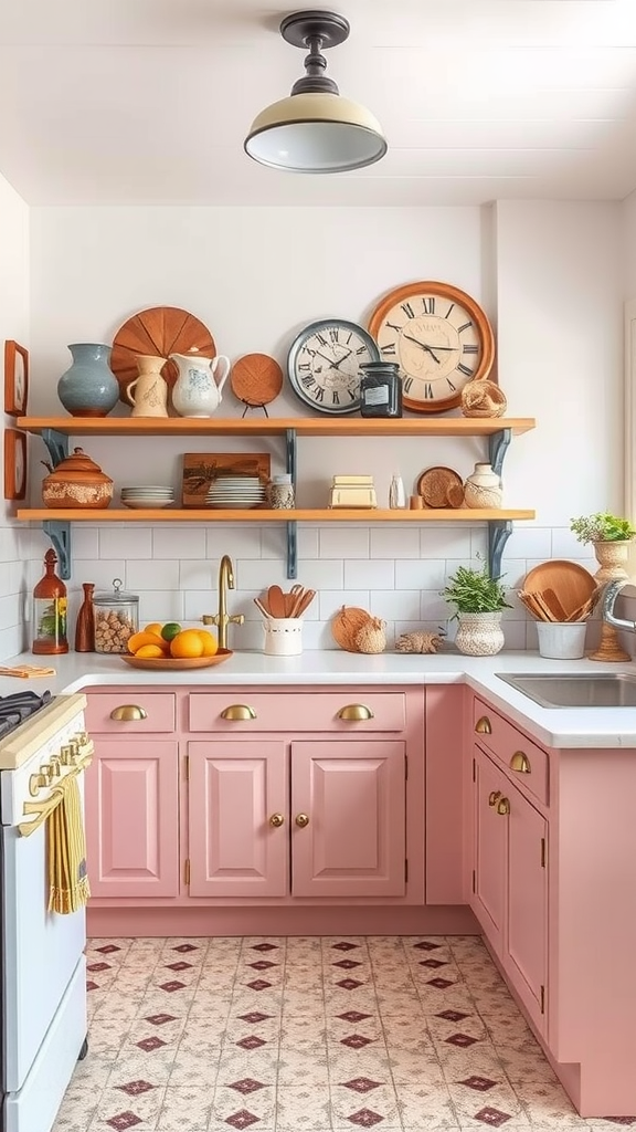 A cozy kitchen featuring pastel pink cabinets, wooden shelves, and vintage decor items.