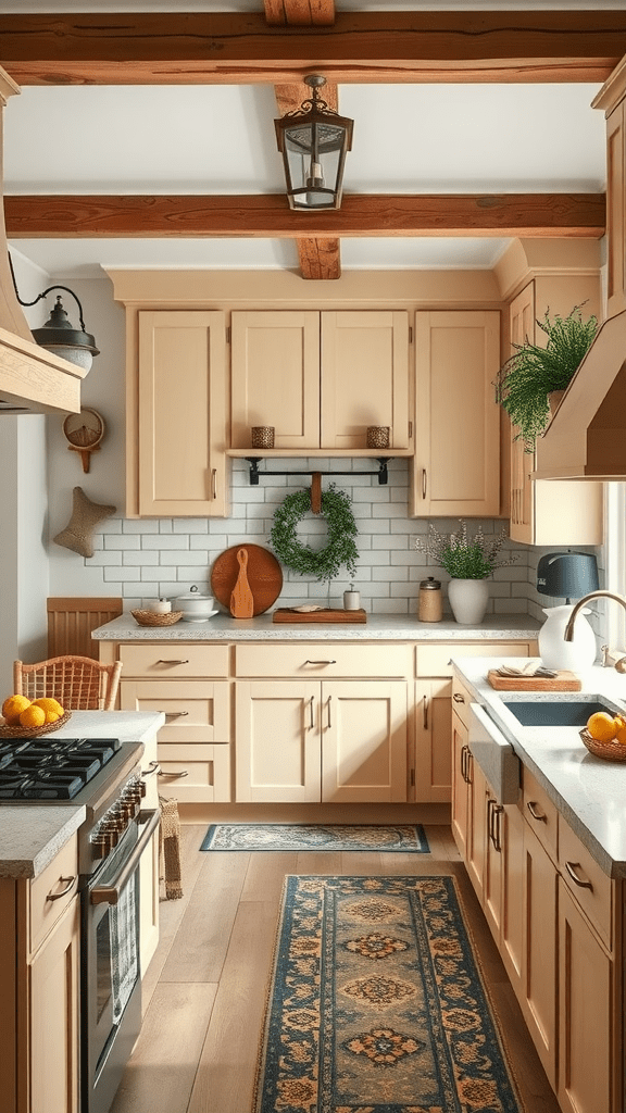 Cozy kitchen featuring beige shaker cabinets and rustic decor