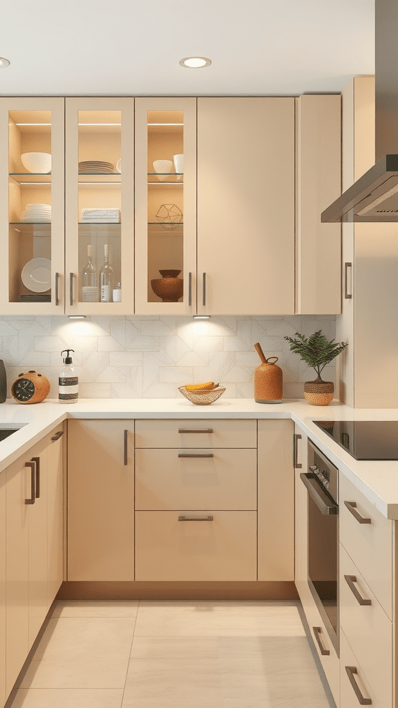 Modern kitchen featuring sleek beige cabinets with glass inserts, showcasing dishes and decor.