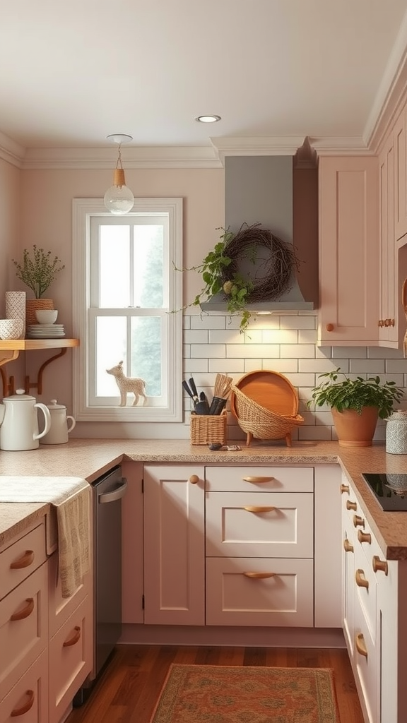 A cozy kitchen featuring soft blush tones, wooden accents, and natural decor.