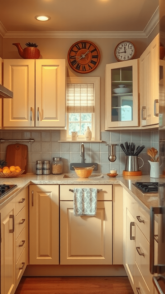 Cozy kitchen featuring vintage-inspired beige cabinets with a warm atmosphere.