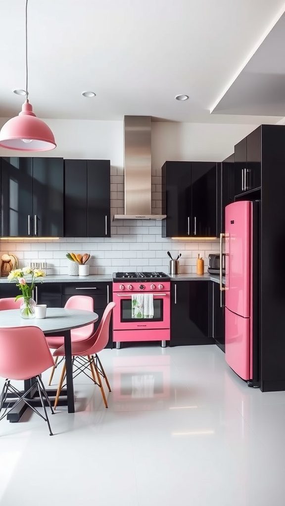 A stylish kitchen featuring black cabinets and pink appliances, showcasing a modern color scheme.
