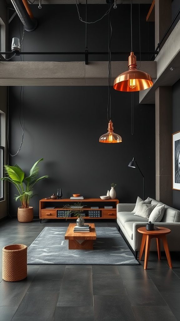 A stylish interior featuring charcoal black walls and copper pendant lights, showcasing modern home decor.