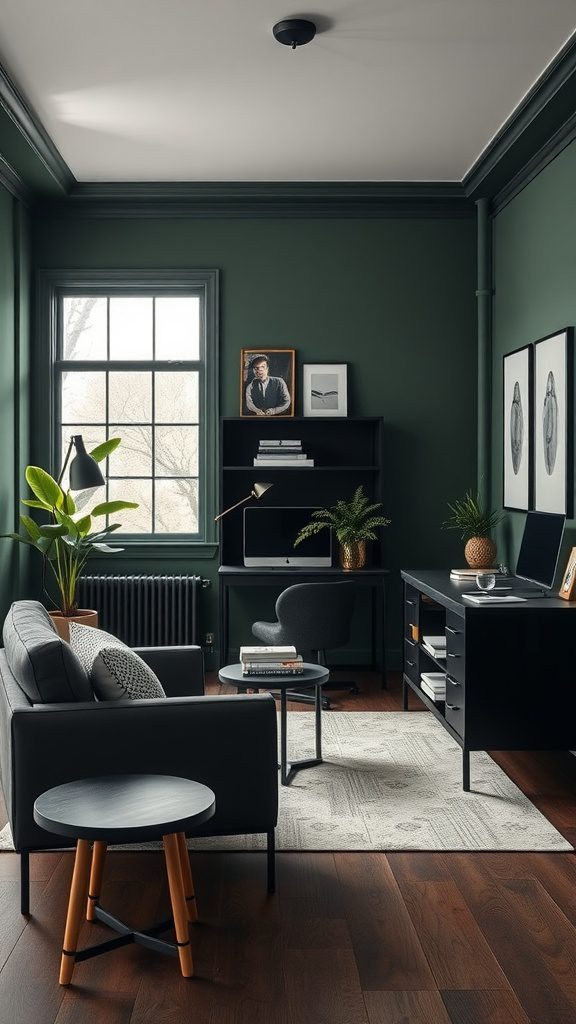 A stylish living room featuring forest green walls, charcoal furniture, and modern decor elements.