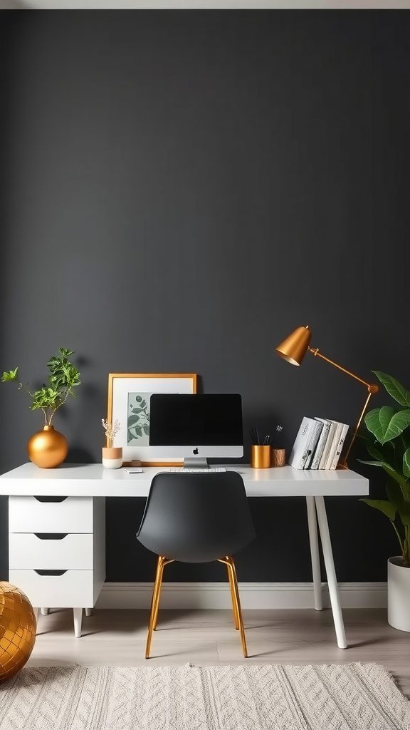 A modern workspace featuring a charcoal gray wall with gold accents, including a lamp and decor items.