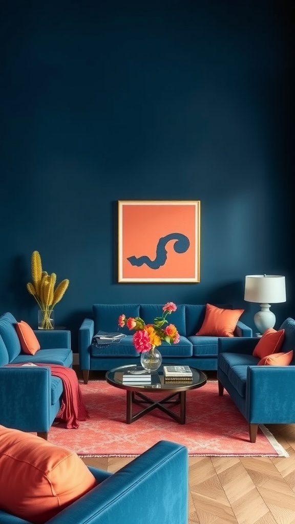 Living room featuring navy blue walls and coral accents with floral arrangements.