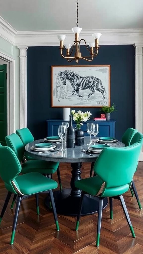 Dining room with emerald green chairs and bold navy blue walls.