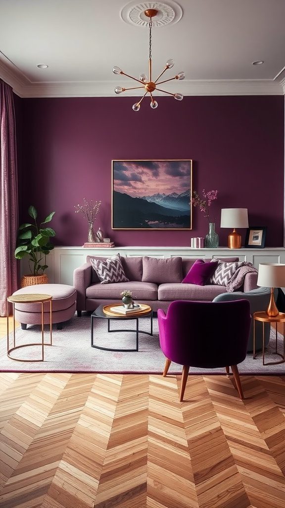 A living room featuring plum walls, rose gold accents, and stylish furniture.