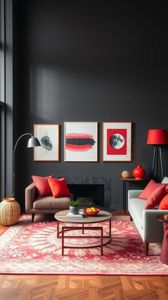 A stylish living room featuring charcoal gray walls and bold red accessories, including pillows and artwork.