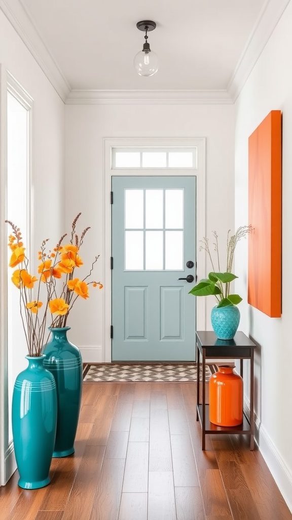 A hallway featuring teal decorative vases, orange accents, and a light blue door.