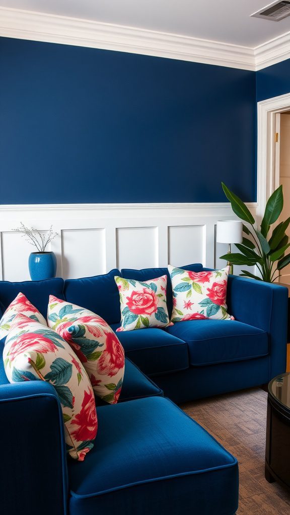 A cozy living room with navy blue walls and floral patterned pillows on a blue couch.