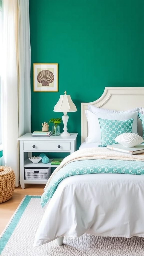 A bedroom featuring forest green walls with bright aqua accents in decor.
