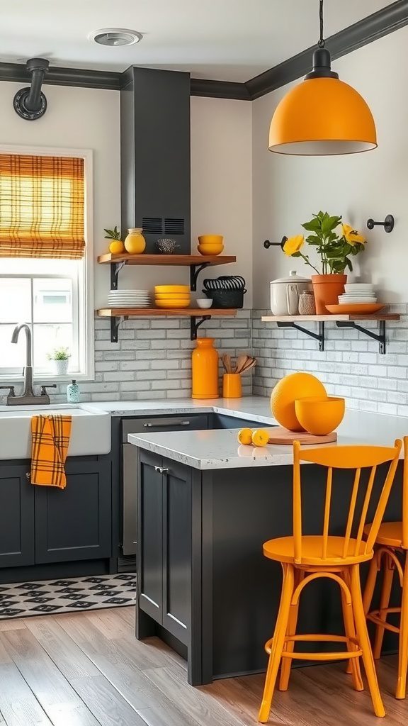 A modern kitchen featuring charcoal gray cabinets and bright orange decor accents.