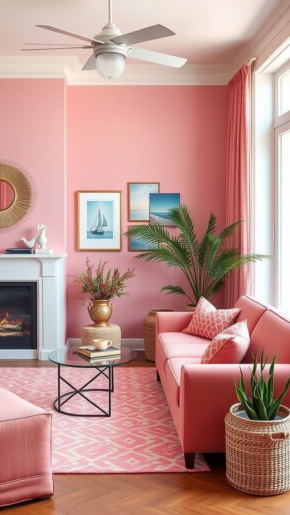 Living room with bright coral and pink decor.