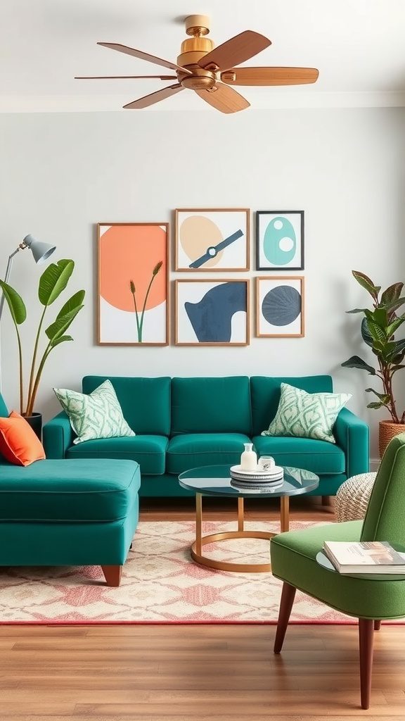 A stylish living room featuring a hunter green sofa and bright coral accents.