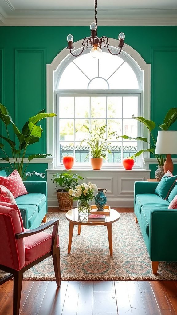 Living room decorated with bright coral and emerald green accents.