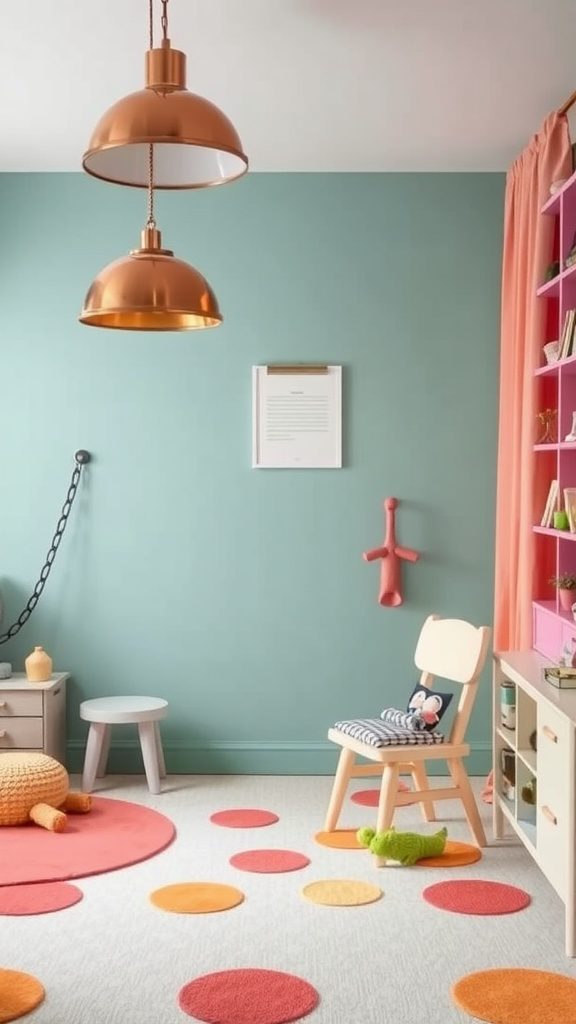 A bright coral rug and decorative elements complement copper lighting in a playful room.