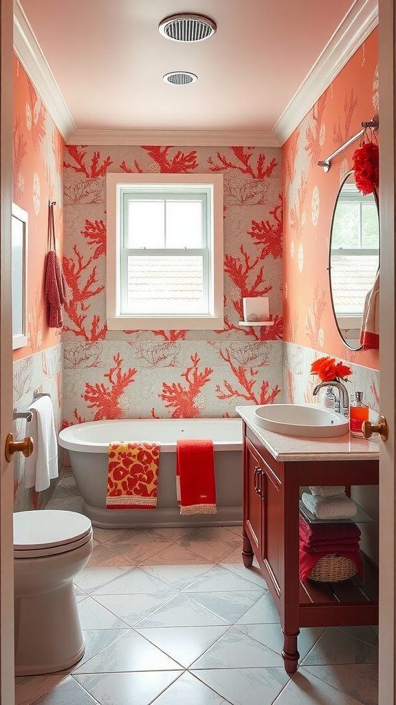 A bright coral-themed bathroom featuring coral-patterned wallpaper with accents of burnt orange and natural decor.