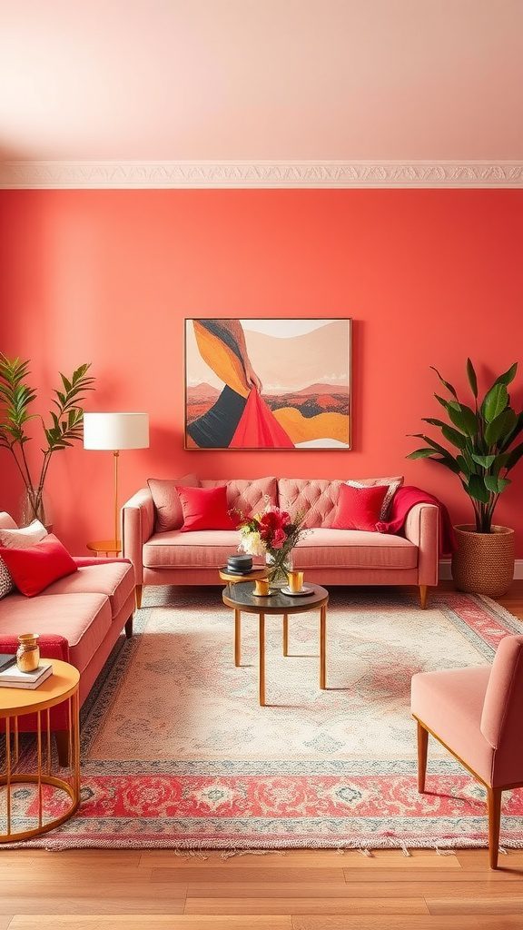 Cozy living room with coral walls and rose gold accents.