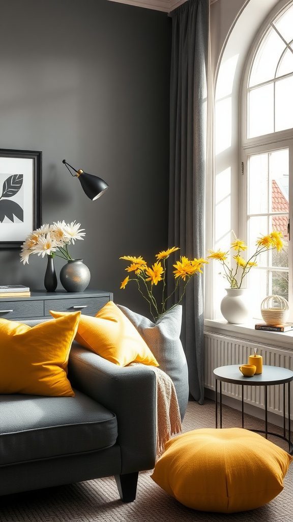 Living room with charcoal gray decor and bright golden yellow accents.